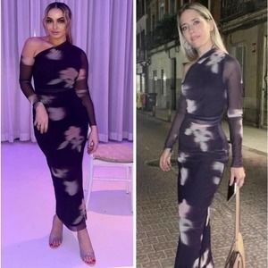 Zara Purple Printed Ruched Tulle Midi Dress Asymmetric Medium